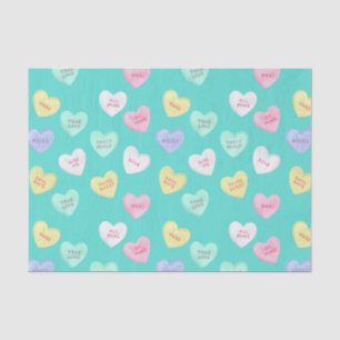 Classic Valentine's Candy Hearts on Teal Tissue Paper