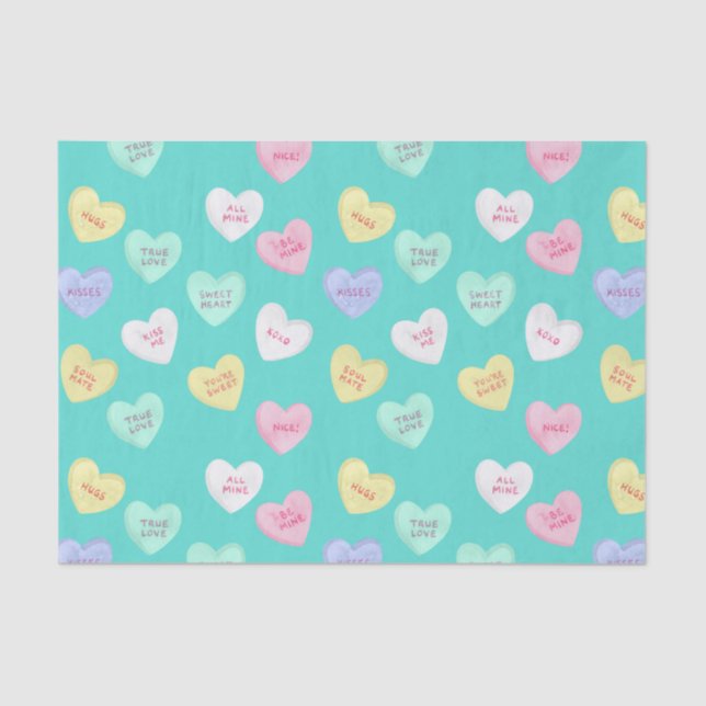 Classic Valentine's Candy Hearts on Teal Tissue Paper (Front)