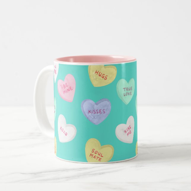 Classic Valentine's Candy Hearts on Teal Two-Tone Coffee Mug (Front Left)