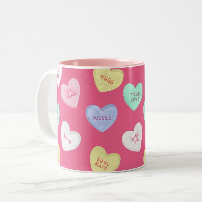 Classic Valentine's Candy Hearts Two-Tone Coffee Mug (Front Left)