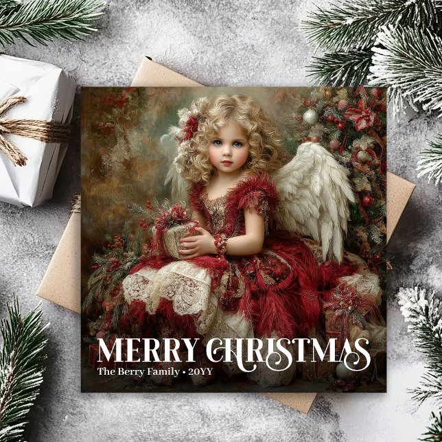 Classic Victorian Angel Burgundy Red Christmas  Holiday Card (Classic Victorian Angel Burgundy Red Christmas Card)