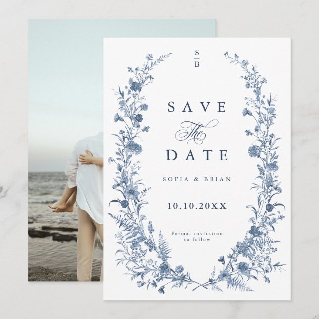 Classic Victorian Blue French Garden Chic Photo Save The Date (Front/Back)