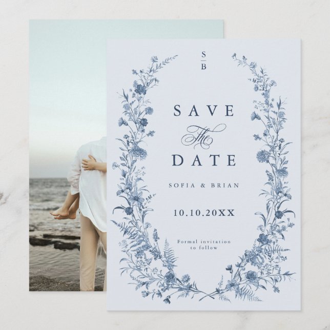 Classic Victorian Blue French Garden Chic Photo Save The Date (Front/Back)