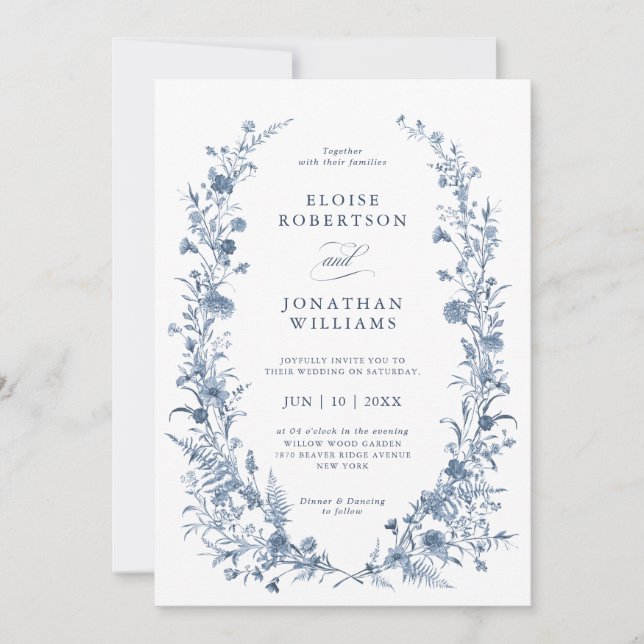 Classic Victorian Blue French Garden Chic Wedding Invitation (Front)