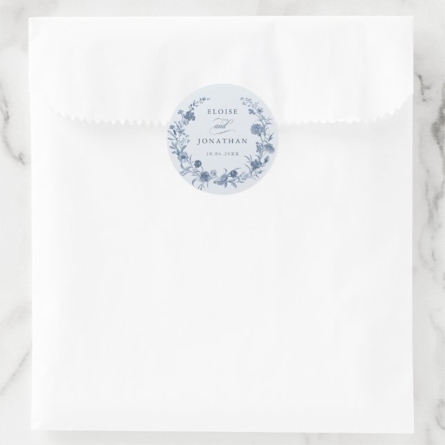 Classic Victorian Blue French Garden Chic Wedding Round Sticker (Bag)