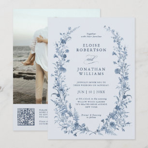 Classic Victorian Blue French QR Code Wedding Invitation