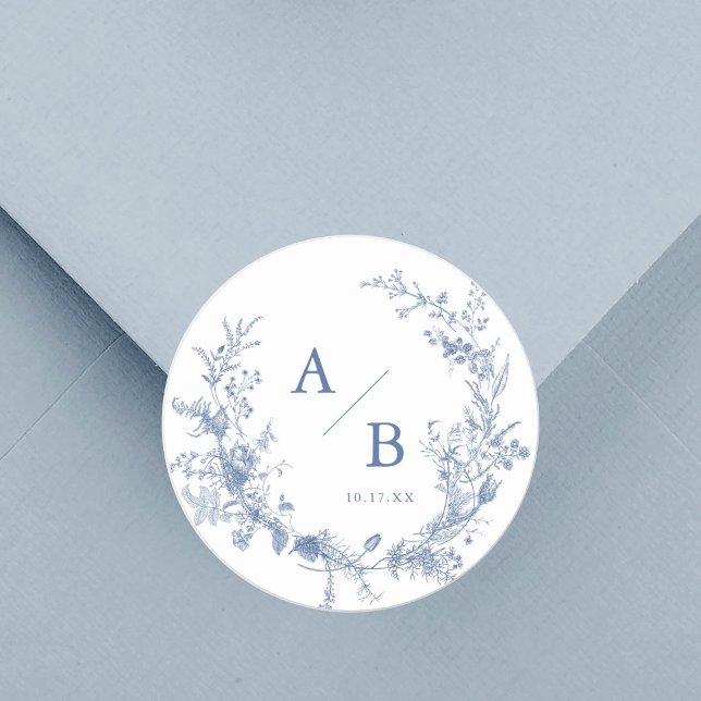 Classic Victorian French Blue Wedding Monogram Round Sticker (Creator Uploaded)