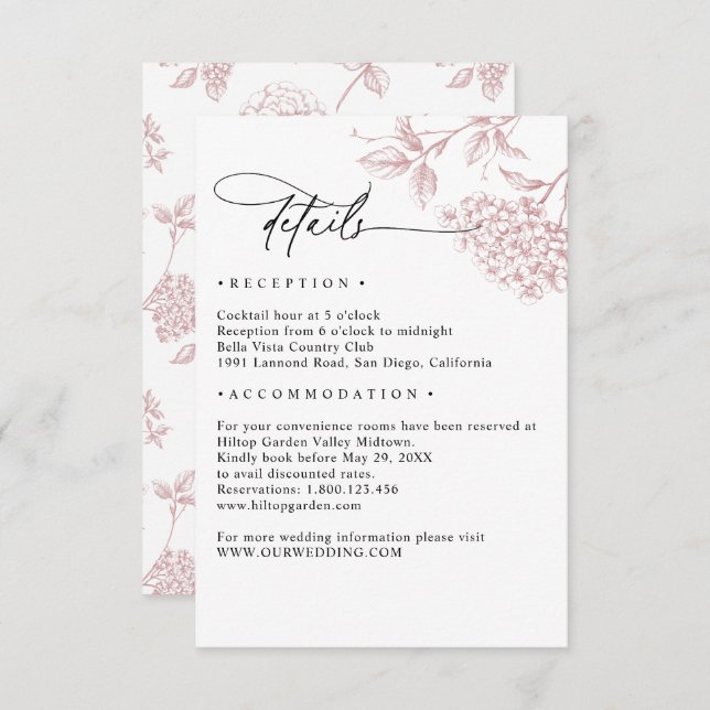 Classic Victorian Pink Floral Wedding Details Enclosure Card (Front/Back)