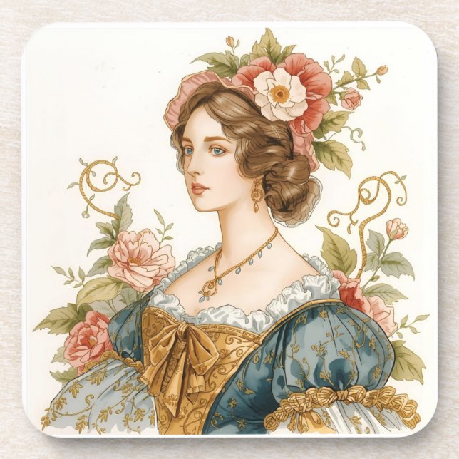 Classic, Victorian, Princess with Beautiful Roses Coaster (Front)