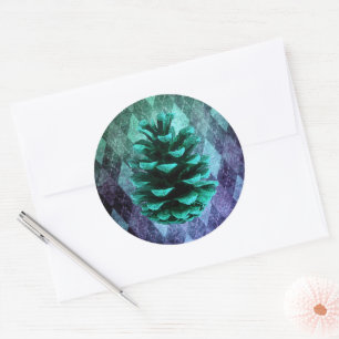 Classic vintage argyle pinecone rustic blue green  classic round sticker