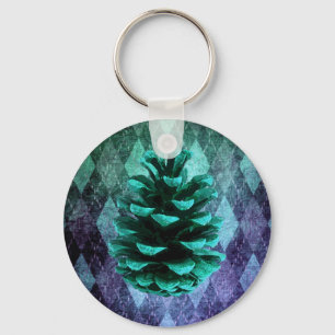 Classic vintage argyle pinecone rustic fall green key ring