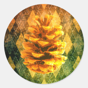 Classic vintage argyle pinecone rustic gold green  round sticker