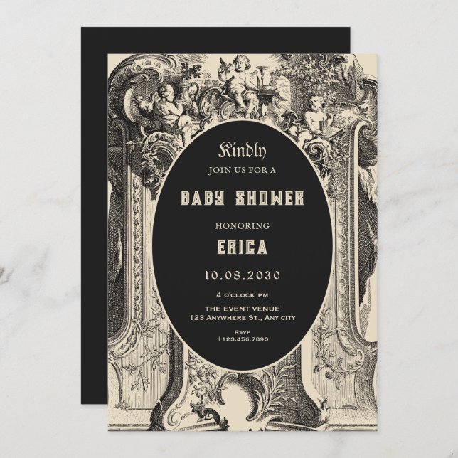 Classic vintage artistic angel baby shower invitation (Front/Back)