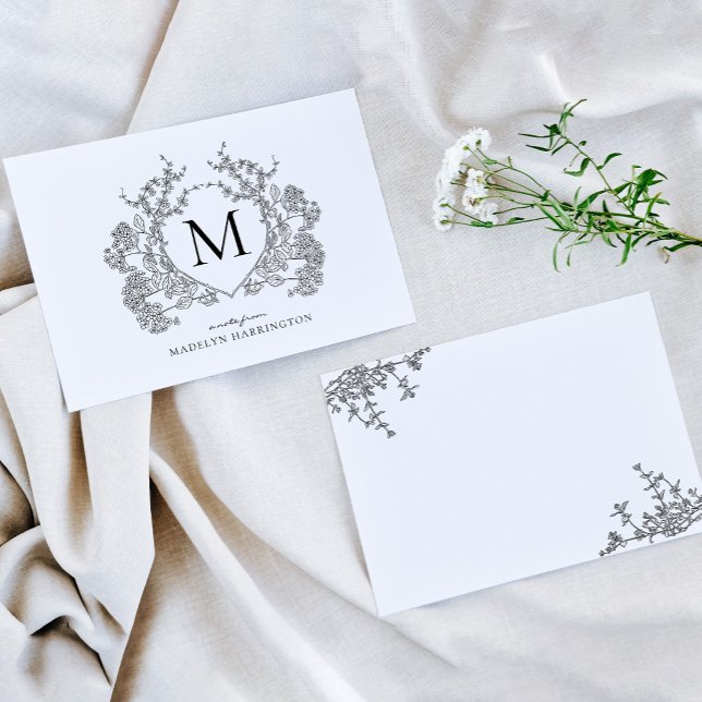 Classic Vintage Black Floral Crest Monogram Card (Creator Uploaded)