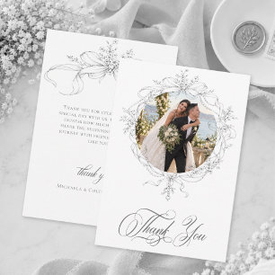 Classic Vintage Black Floral Wreath Wedding Photo Thank You Card