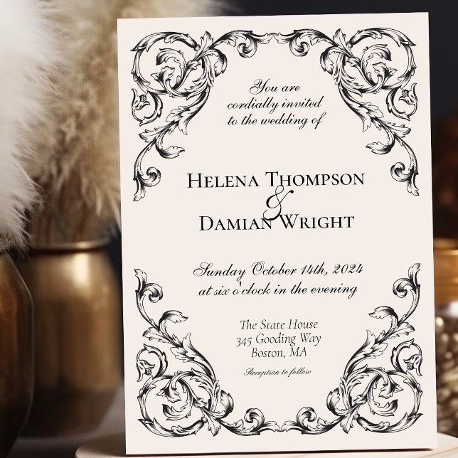 Classic Vintage Black & White Baroque Wedding Invitation (Creator Uploaded)