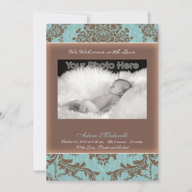 Classic vintage blue baby announcement (Front)