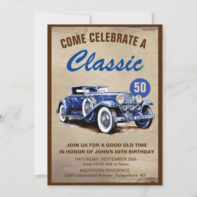 Classic Vintage Blue Car Fifty Birthday  Invitation (Front)
