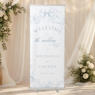 Classic Vintage Blue Floral Wreath Wedding Welcome Retractable Banner