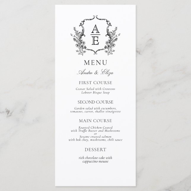 Classic Vintage Botanical Floral Monogram Crest Menu (Front)