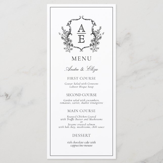 Classic Vintage Botanical Floral Monogram Crest Menu (Front)