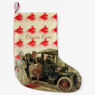CLASSIC ,VINTAGE CARS WITH ELEGANT LADIES Red Small Christmas Stocking