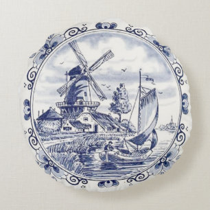 Classic Vintage Chic Dutch Windmill Delft Blue Round Cushion