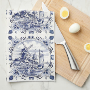 Classic Vintage Chic Dutch Windmill Delft Blue Tea Towel
