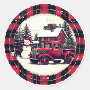 Classic Vintage Christmas Red Truck Winter Scenery Round Sticker