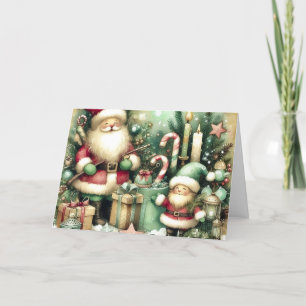 Classic Vintage Christmas Santa & Elf Blank Holiday Card