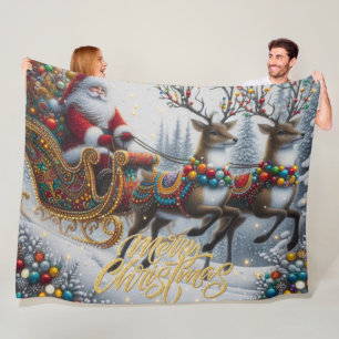 Classic/Vintage Christmas Santa & reindeer Fleece Blanket