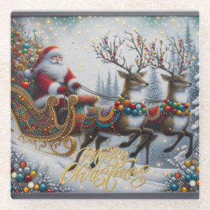 Classic/Vintage Christmas Santa & reindeer Glass Coaster