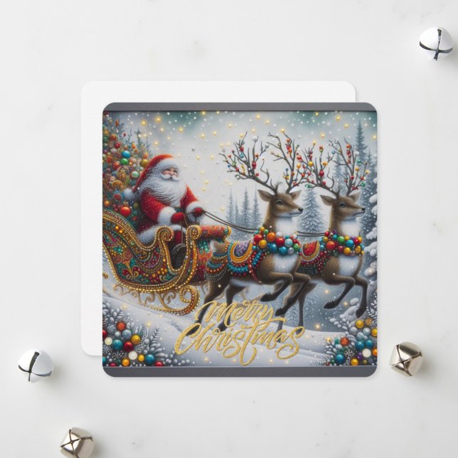 Classic/Vintage Christmas Santa & reindeer  Holiday Card (Front/Back In Situ)