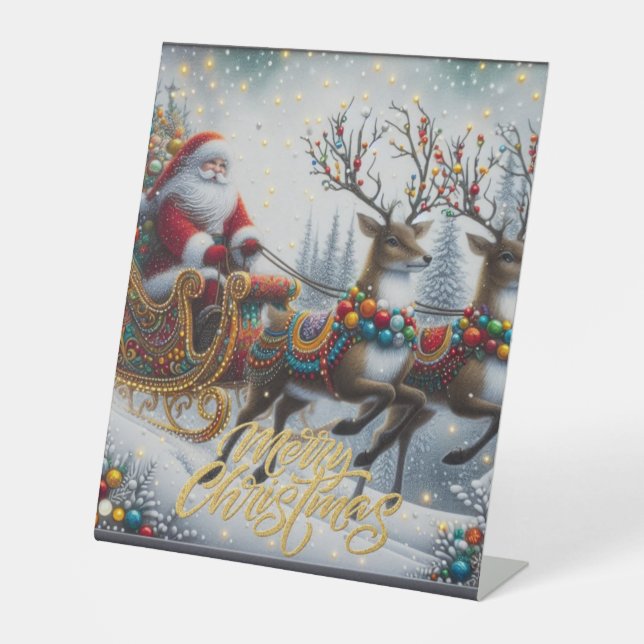 Classic/Vintage Christmas Santa & reindeer  Pedestal Sign (Front)