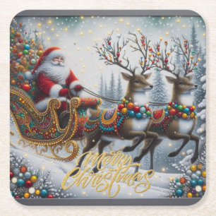 Classic/Vintage Christmas Santa & reindeer Square Paper Coaster