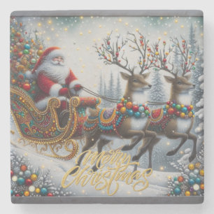 Classic/Vintage Christmas Santa & reindeer Stone Coaster