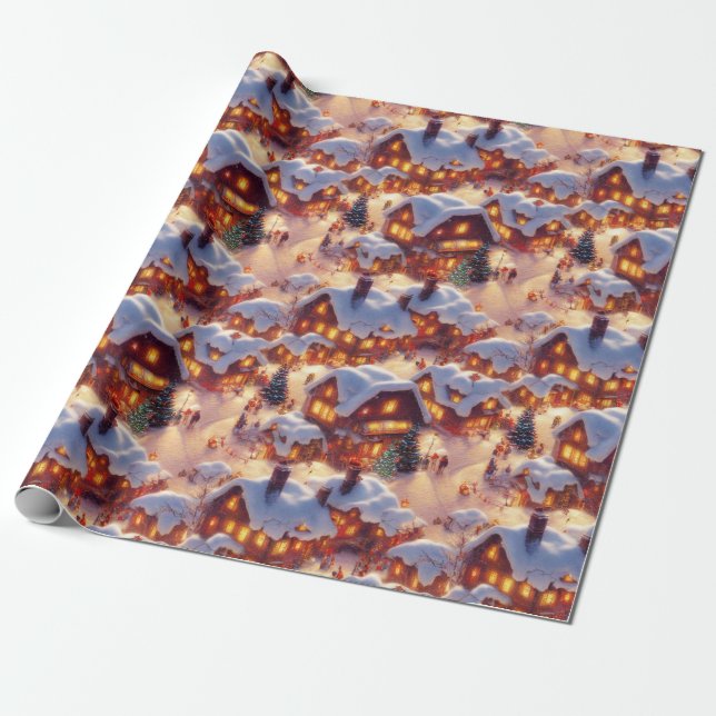 Classic Vintage Christmas Themed Winter Village Wrapping Paper (Unrolled)