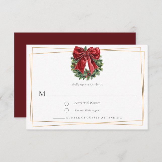 Classic Vintage Christmas Wreath and Bow RSVP Card (Front/Back)