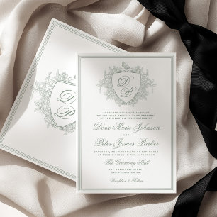Classic vintage crest monogram sage green wedding invitation