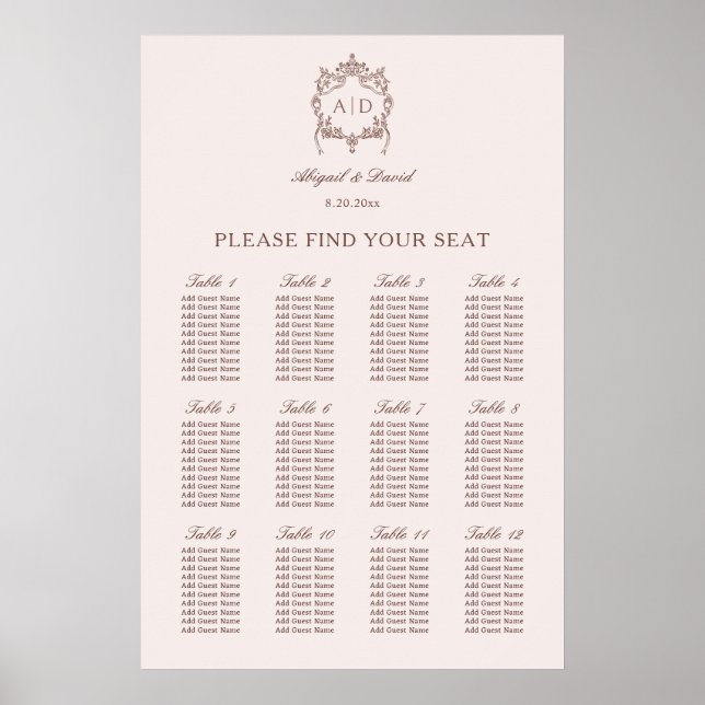 Classic Vintage Crest Wedding Seating Chart (Front)