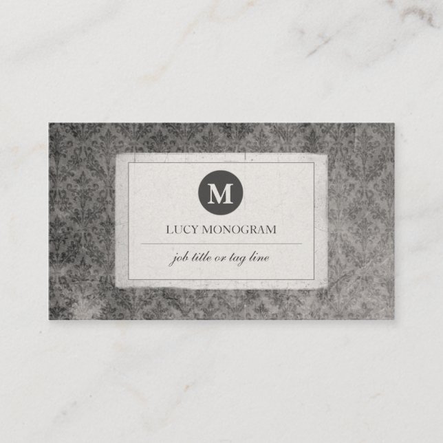 Classic Vintage Damask Monogram (Grey Pearl) Business Card (Front)