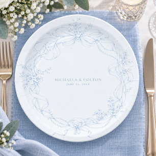 Classic Vintage Dusty Blue Floral Wreath Wedding Paper Plate