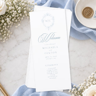 Classic Vintage Dusty Blue Floral Wreath Wedding Programme
