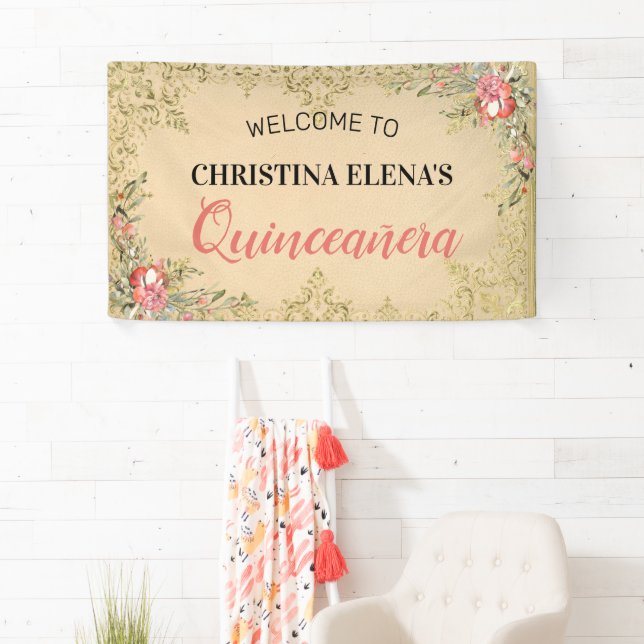 Classic Vintage Gold Floral Quinceanera Welcome Banner (Insitu)