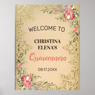 Classic Vintage Gold Floral Quinceanera Welcome Poster
