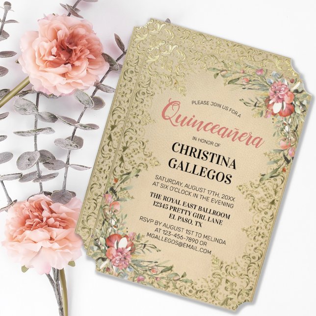 Classic Vintage Gold Pink Floral Quinceanera Invitation (CLASSIC VINTAGE GOLD PINK FLORAL QUINCEANERA INVITATION)