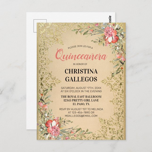 Classic Vintage Gold Pink Floral Quinceanera Postcard (Front/Back)