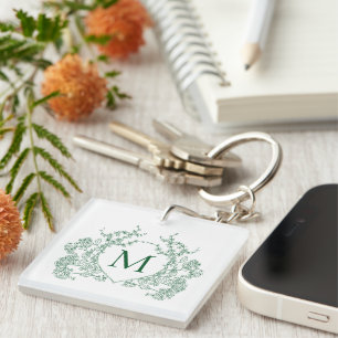 Classic Vintage Green Floral Crest Monogram Key Ring