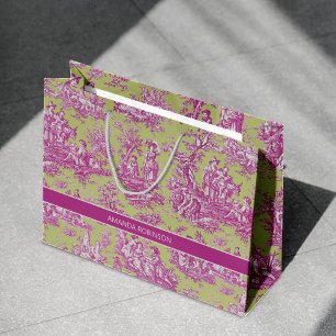 Classic Vintage Green Pink Toile de Jouy Large Gift Bag