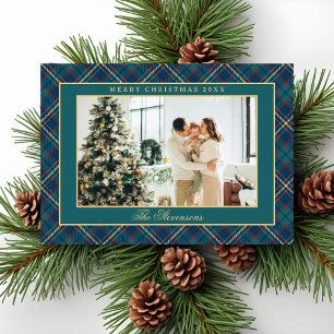 Classic Vintage Green Plaid Crest Photo Christmas Holiday Card